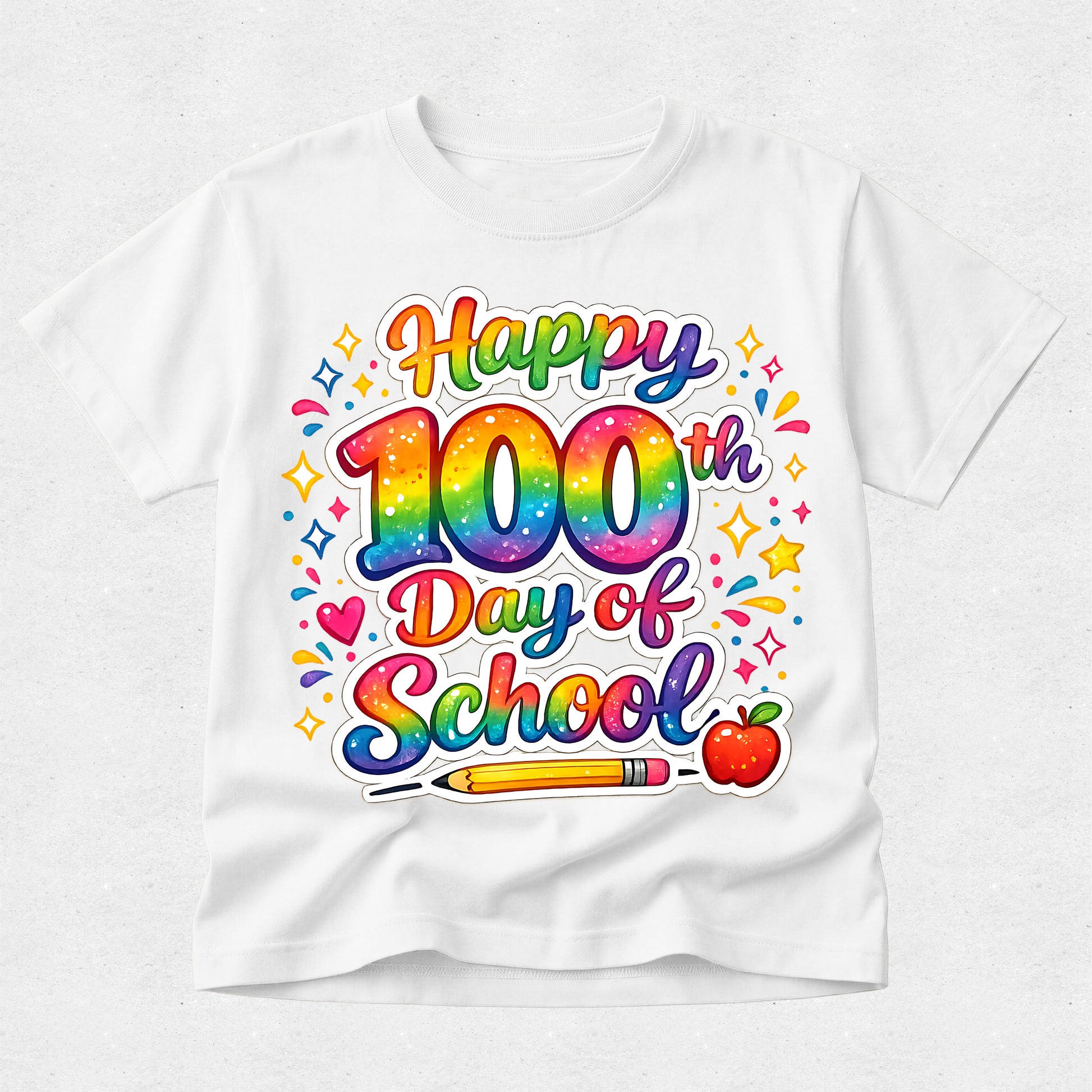 A white short-sleeve crewneck t-shirt featuring a colorful 'Happy 100th Day of School' graphic on the front, complete with a rainbow gradient, stars, hearts, a pencil, and an apple.