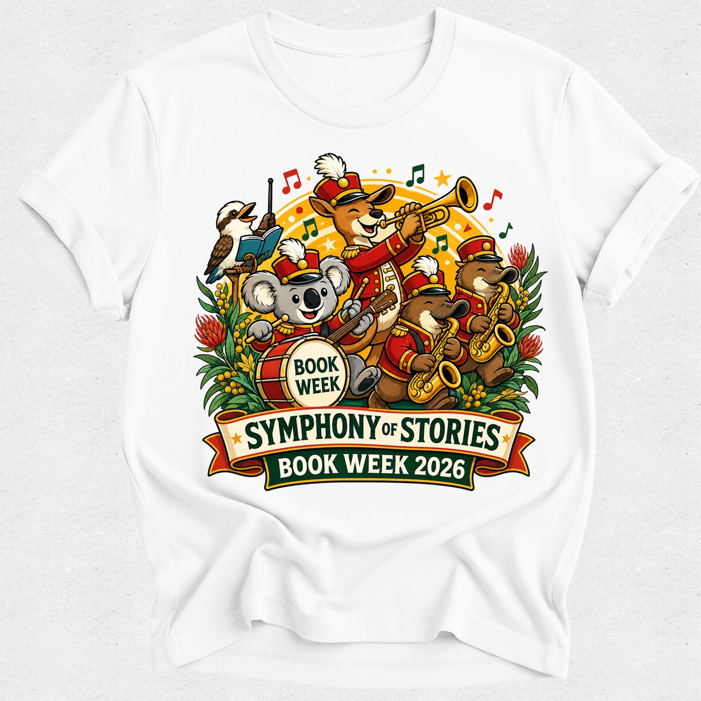 White t-shirt with 'Symphony of Stories Book Week 2026' design featuring cartoon animals playing instruments.