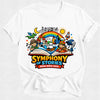 White t-shirt with 'Symphony of Stories Book Week 2026' graphic design featuring children, books, and a rainbow.
