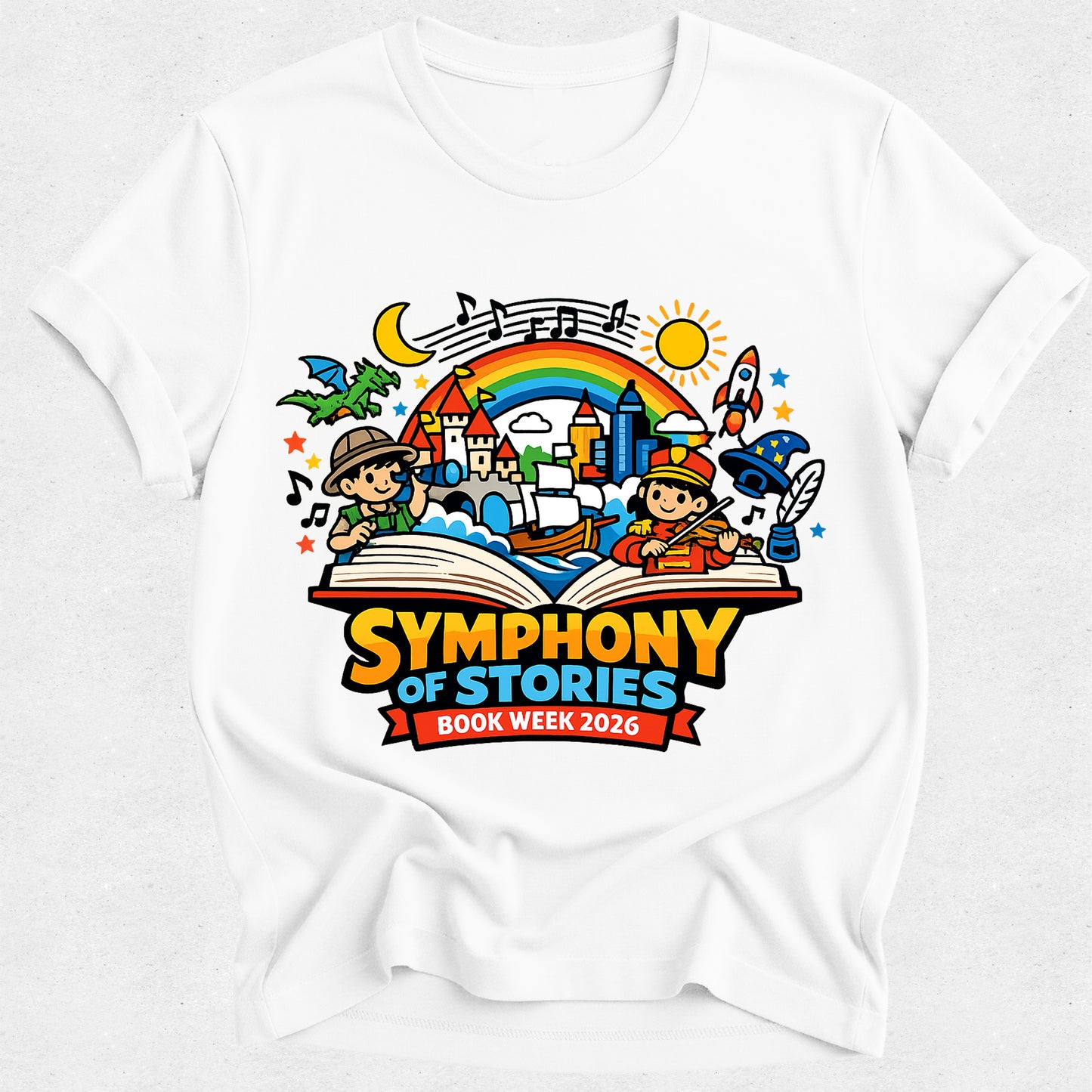 White t-shirt with 'Symphony of Stories Book Week 2026' graphic design featuring children, books, and a rainbow.