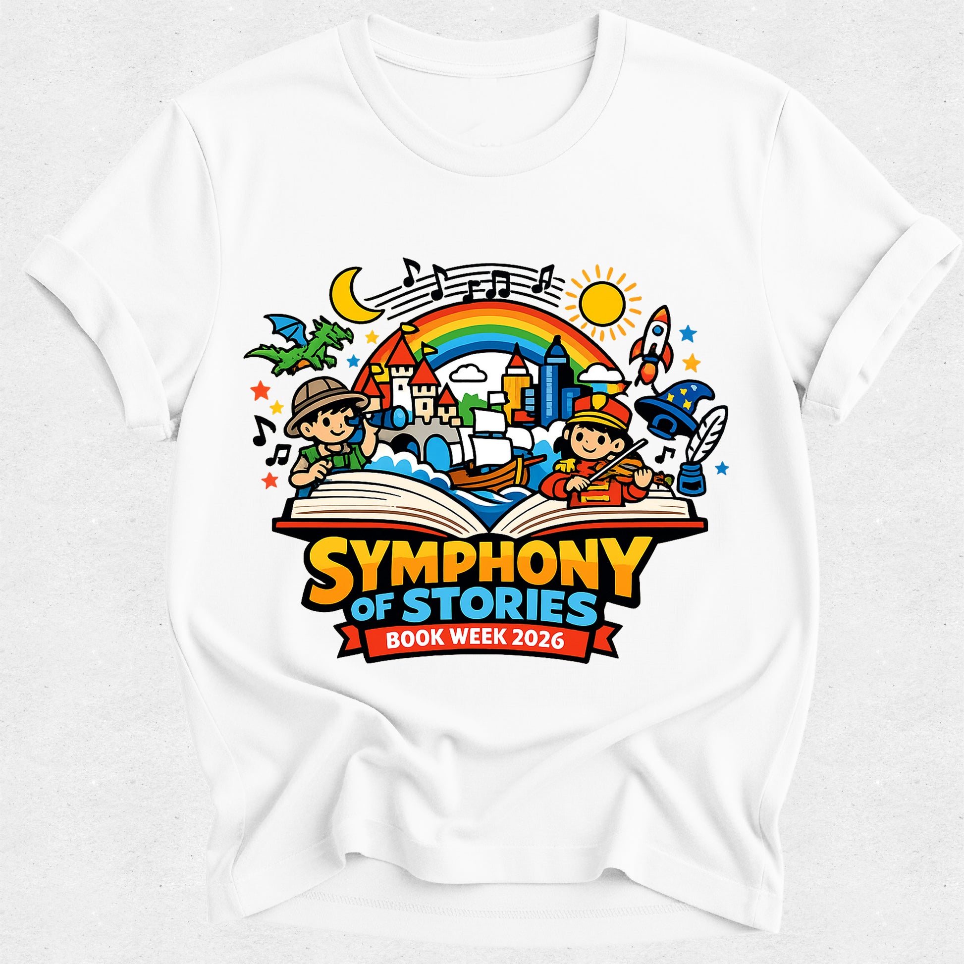 White t-shirt with 'Symphony of Stories Book Week 2026' graphic design featuring children, books, and a rainbow.