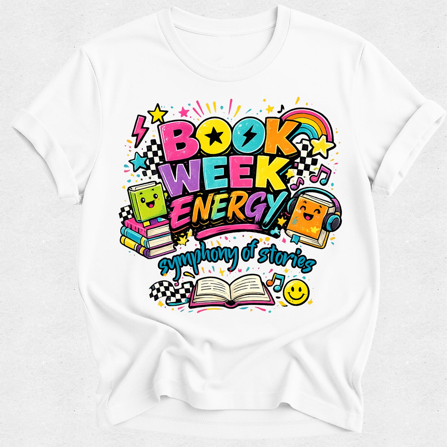 White sweatshirt with colorful 'Book Week Energy' design featuring books and music notes on a white background.