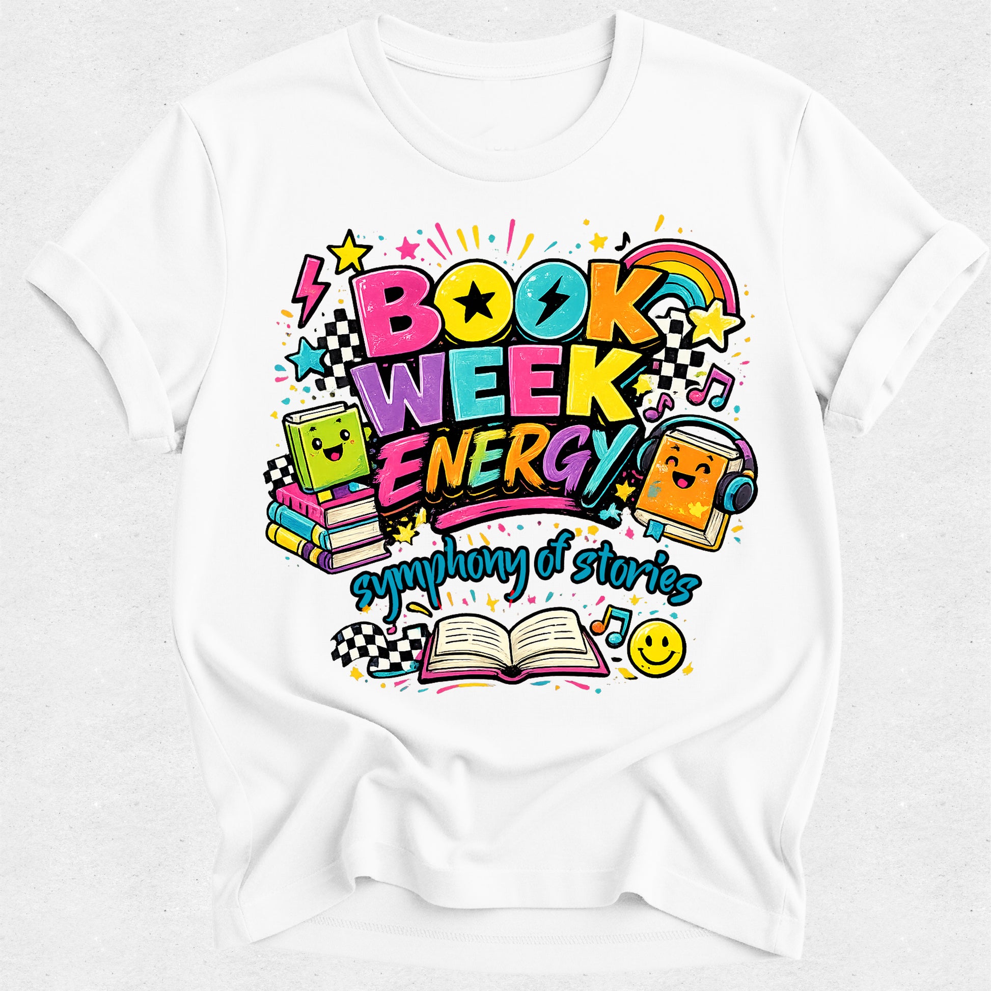 White sweatshirt with colorful 'Book Week Energy' design featuring books and music notes on a white background.