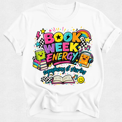 White sweatshirt with colorful 'Book Week Energy' design featuring books and music notes on a white background.