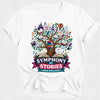 White t-shirt with 'Symphony of Stories' design on a white background