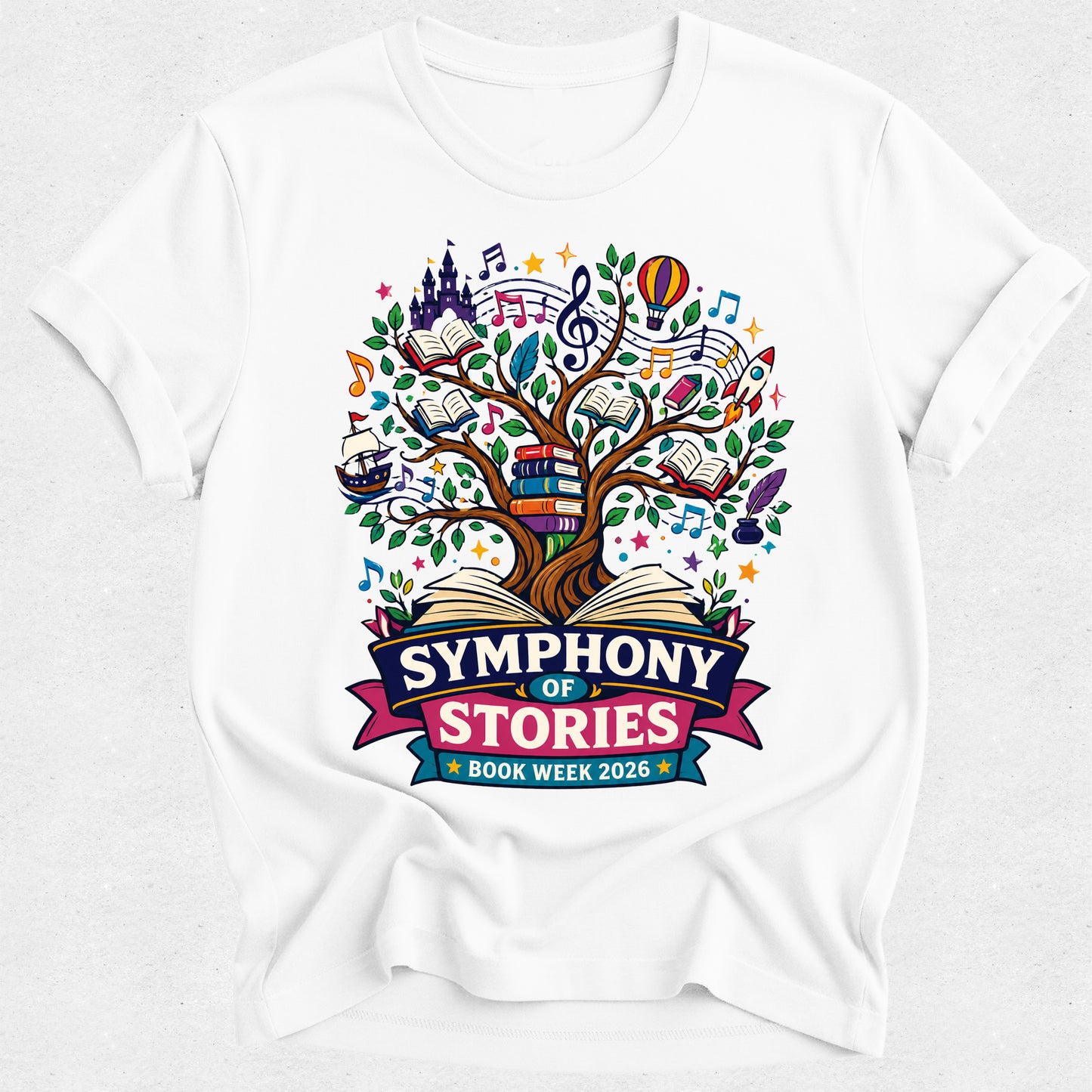 White t-shirt with 'Symphony of Stories' design on a white background