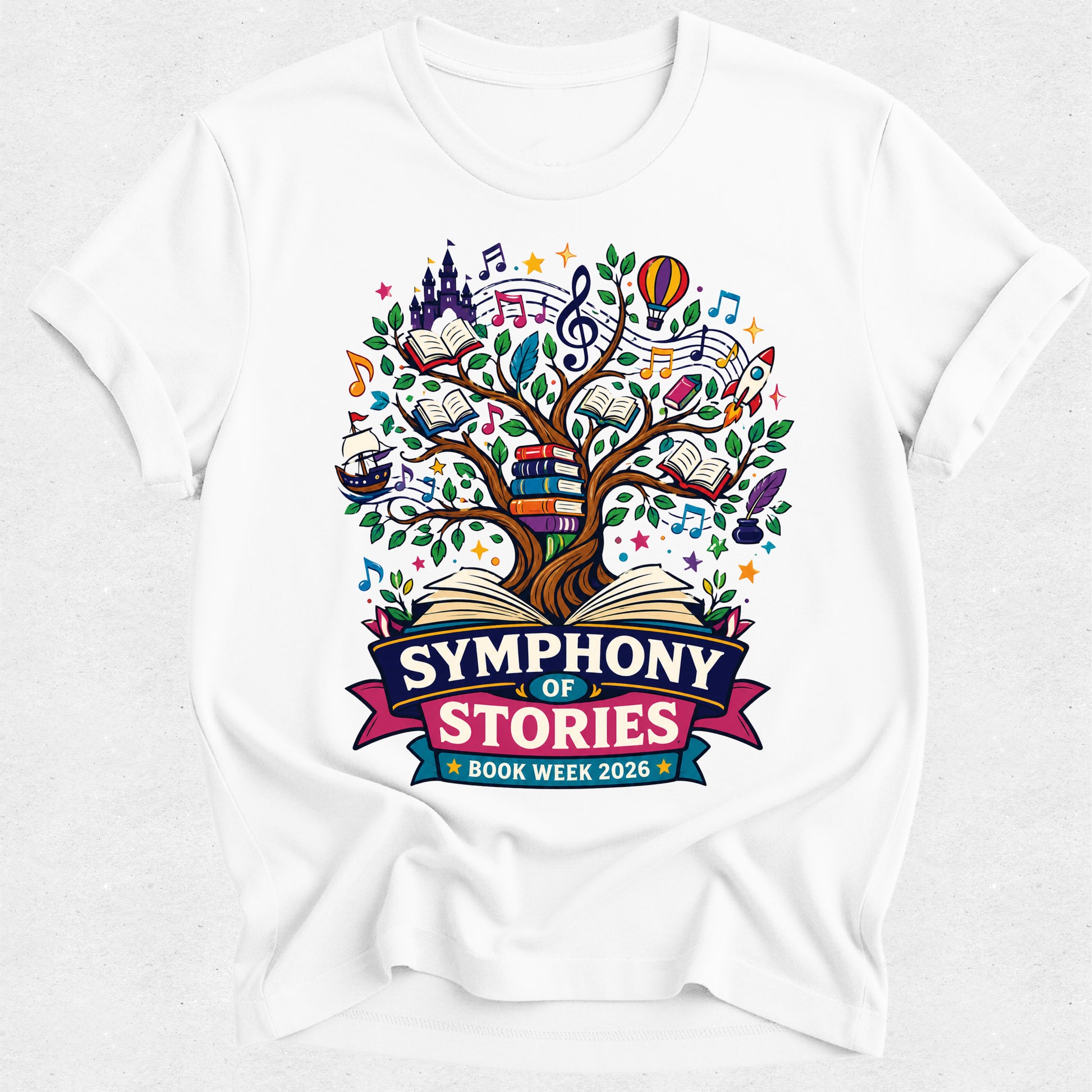 White t-shirt with 'Symphony of Stories' design on a white background