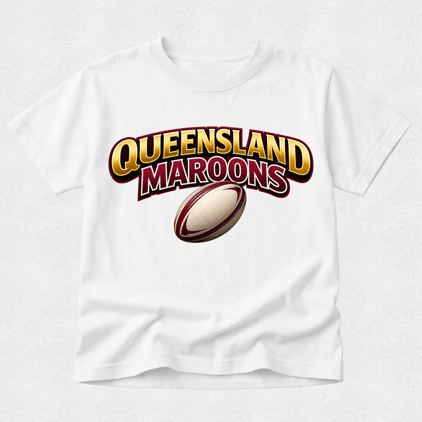 White t-shirt with Queensland Maroons logo featuring a rugby ball on a white background