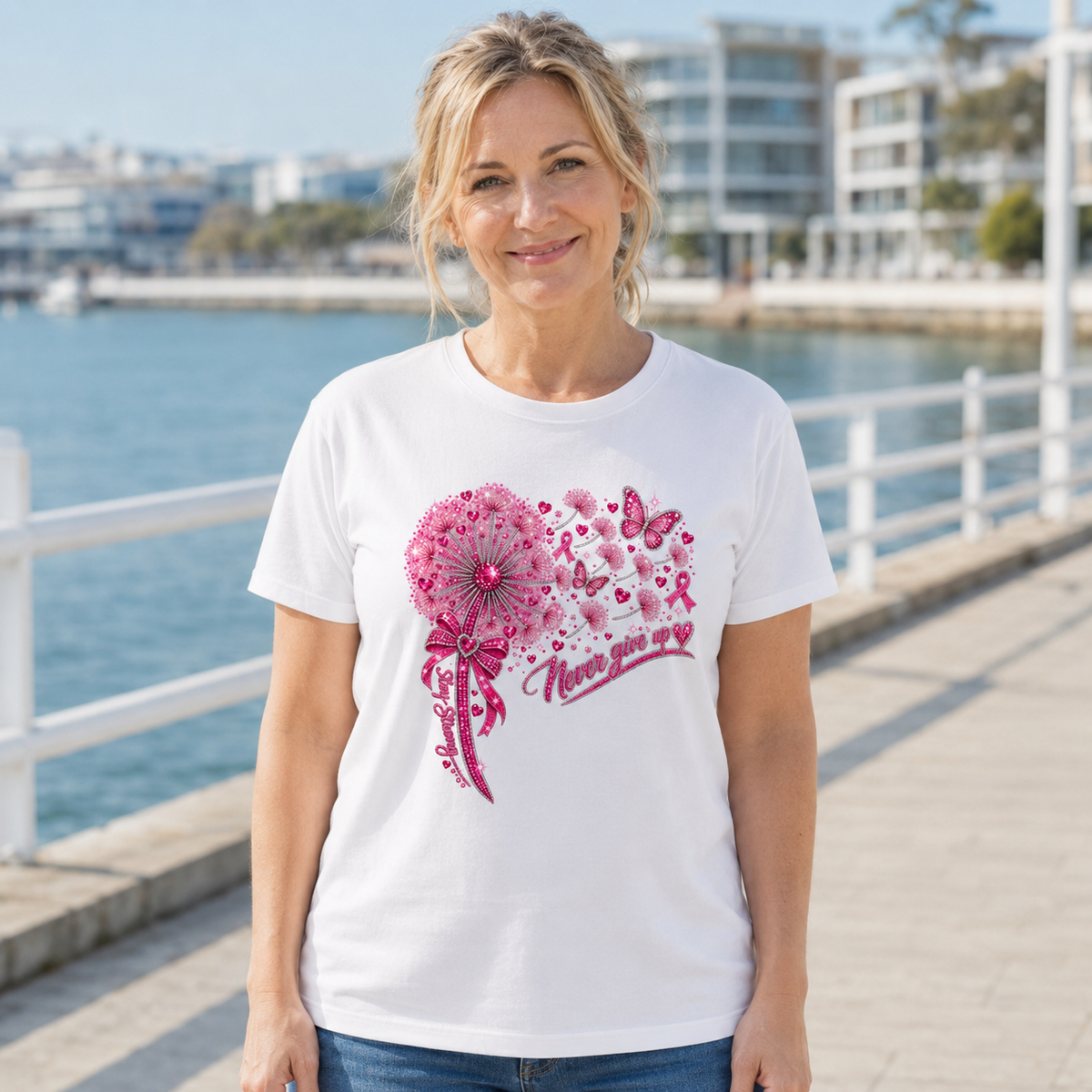 Woman wearing a white breast cancer awareness T-shirt with a heart design made of pink ribbons, flowers and hearts.