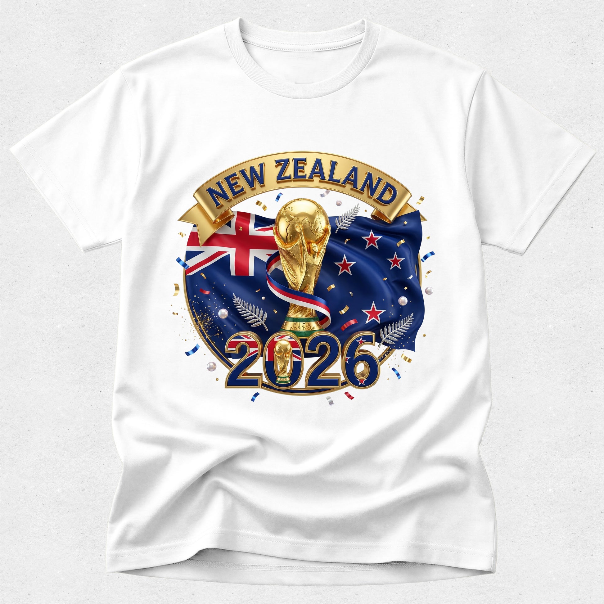White t-shirt with New Zealand 2026 World Cup design featuring flags and trophy on a white background