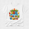 White t-shirt with colorful 'I Survived 100 Days of School' design on a white background