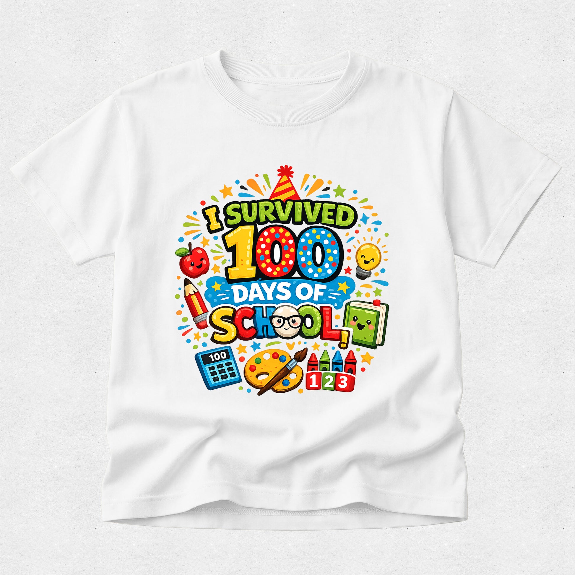 White t-shirt with colorful 'I Survived 100 Days of School' design on a white background