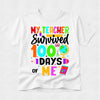 White t-shirt with colorful text and graphics on a white background
