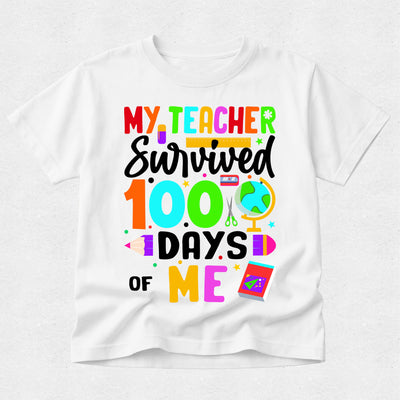 White t-shirt with colorful text and graphics on a white background
