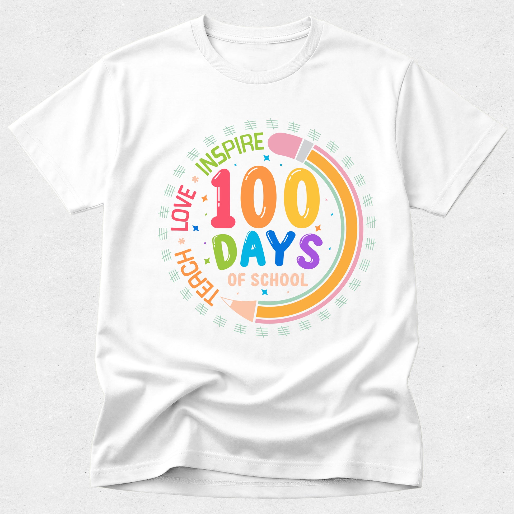 White t-shirt with colorful '100 Days of School' design on a white background