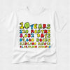 A white short-sleeve t-shirt with a colorful retro-style graphic on the front that lists milestones for 10 years: 120 months, 3,652 days, 87,660 hours, 5,239,600 minutes, 31,537,600 seconds.