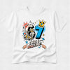 White personalised 7th birthday t-shirt with comic-style "I Was 6... Now I'm 7!" birthday graphic.