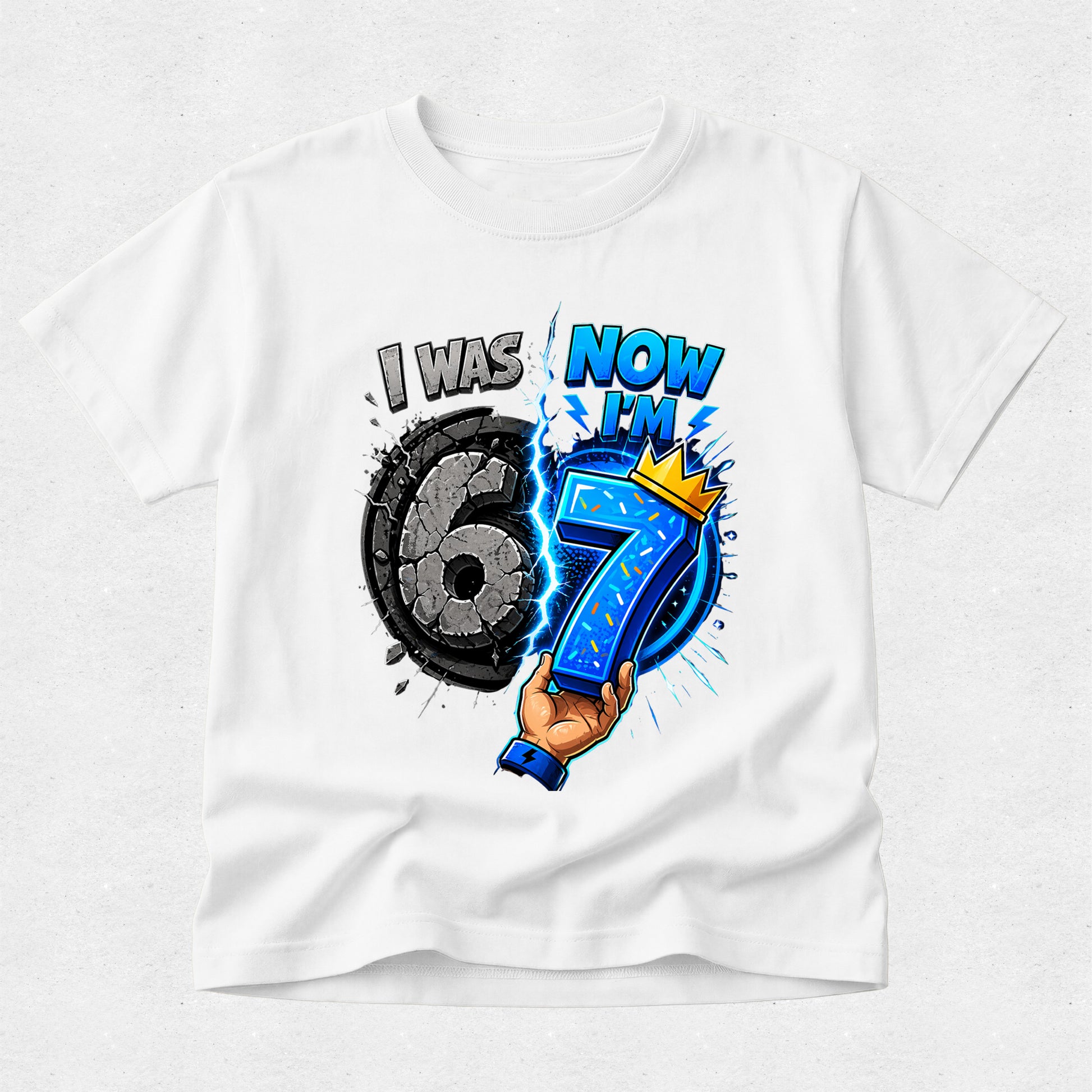 White t-shirt with a colorful graphic of a hand holding the number 7 and text on a white background