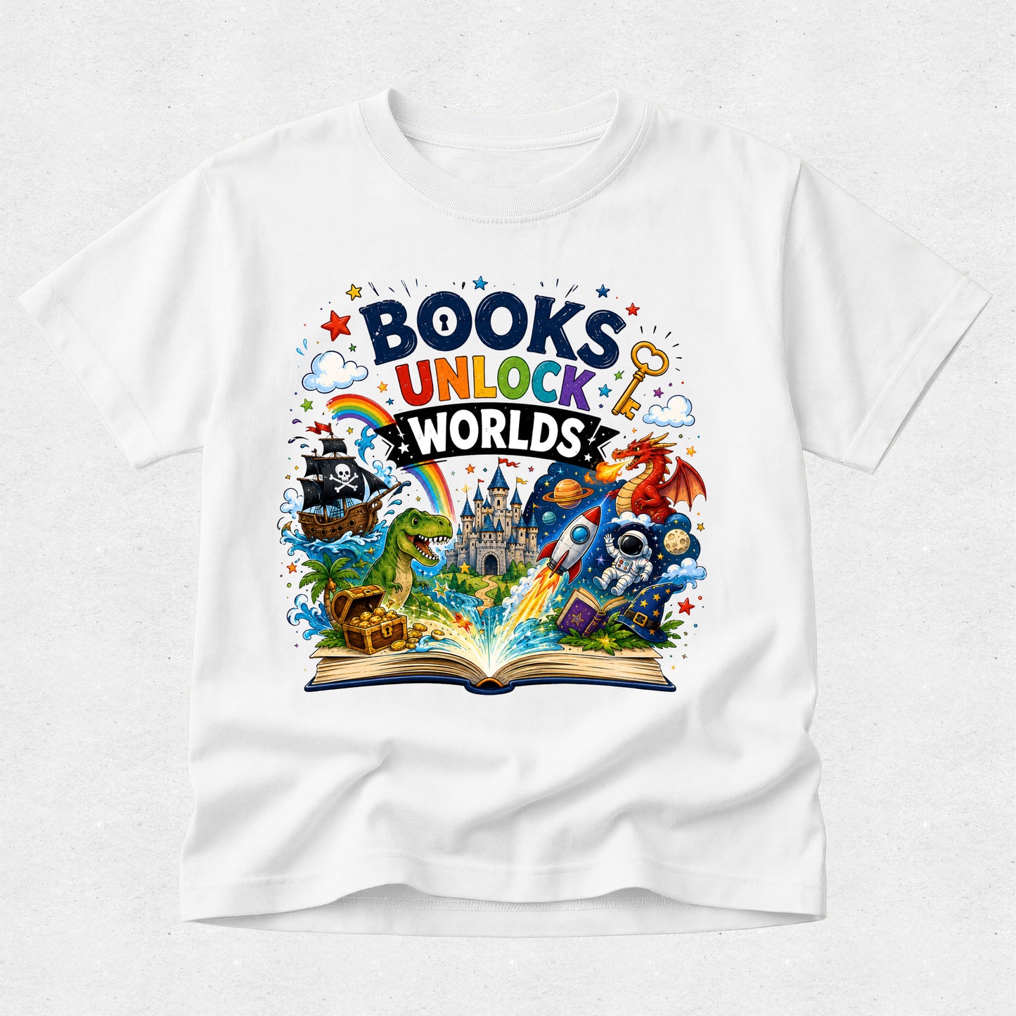 A white short-sleeve crewneck t-shirt with a colorful graphic print on the front. The graphic features the text 'BOOKS UNLOCK WORLDS' above an open book spilling out illustrations of various fantasy and adventure themes including a pirate ship, dinosaur, castle, rocket, and dragon, set against a light gray textured background.