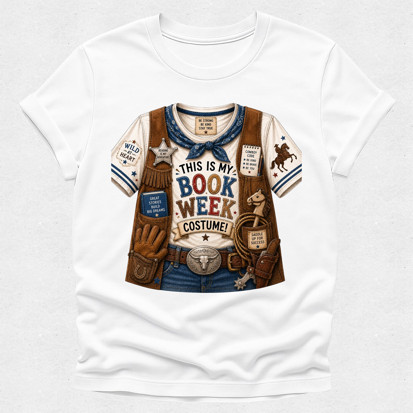 A white short-sleeve crewneck t-shirt featuring a detailed graphic print of a western-themed book club costume shirt. The graphic includes brown vest details, blue jeans, a cowboy hat, a lasso, and the text 'THIS IS MY BOOK WEEK COSTUME!'.