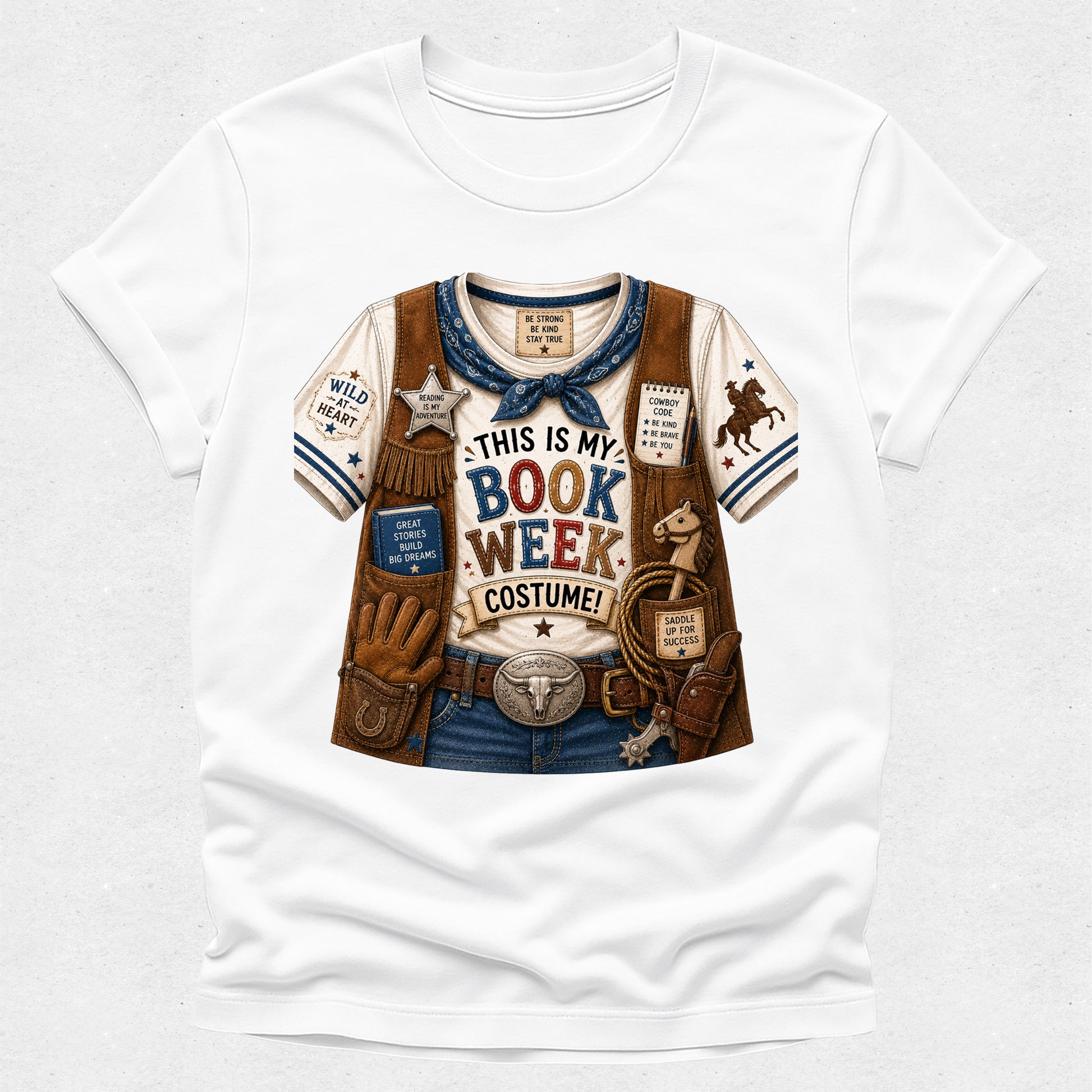 A white short-sleeve crewneck t-shirt featuring a detailed graphic print of a western-themed book club costume shirt. The graphic includes brown vest details, blue jeans, a cowboy hat, a lasso, and the text 'THIS IS MY BOOK WEEK COSTUME!'.