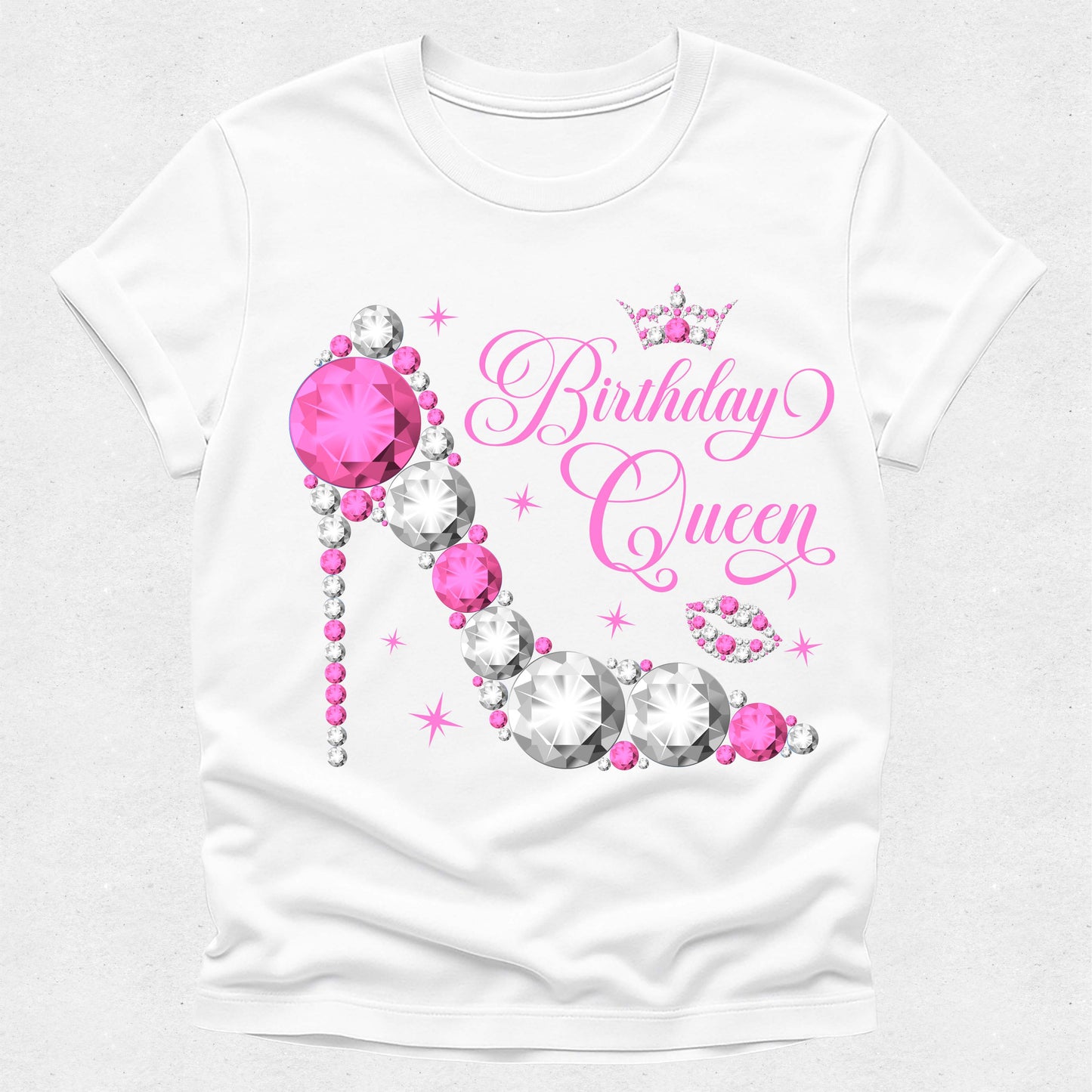 White t-shirt with 'Birthday Queen' text and pink gemstone design on a white background