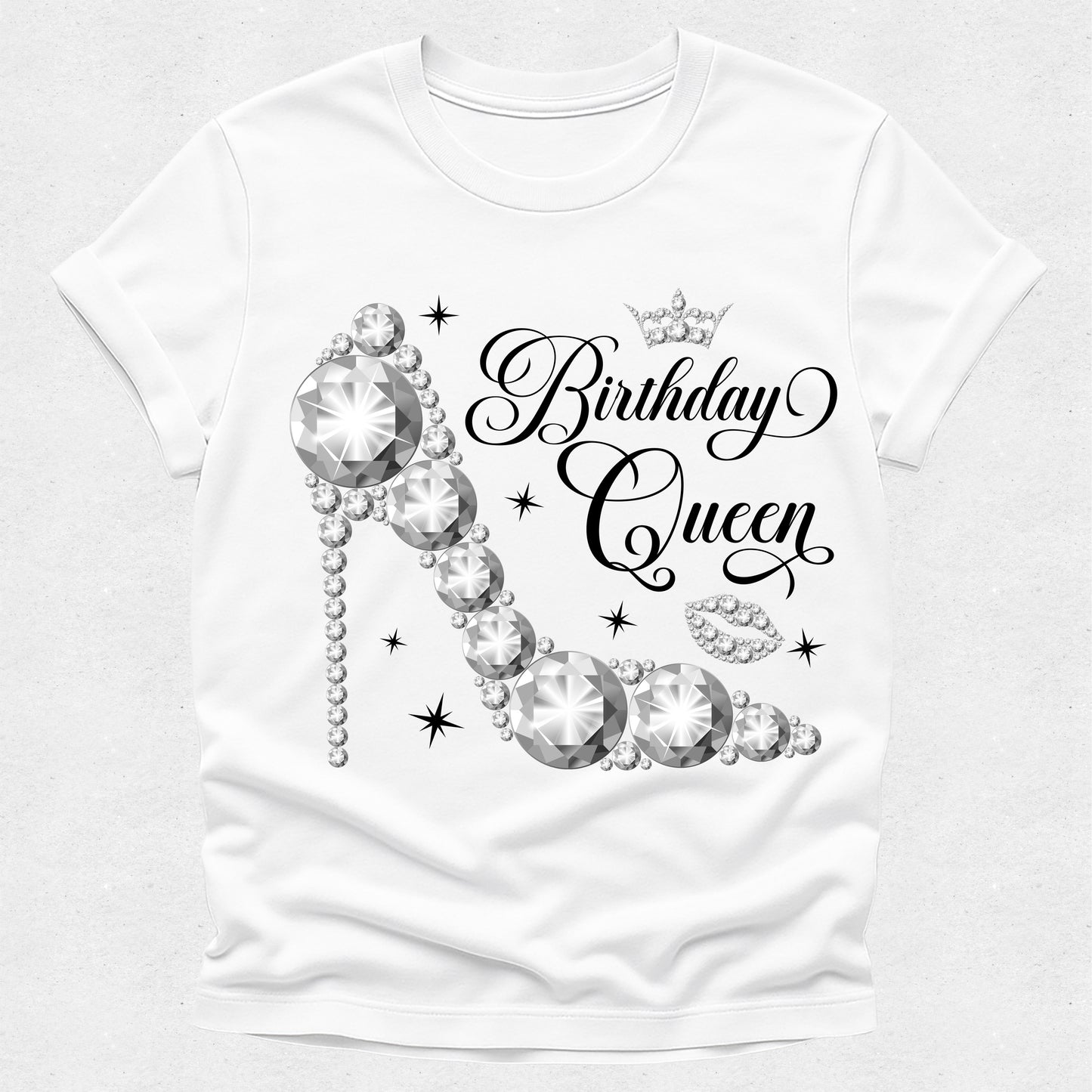 White t-shirt with 'Birthday Queen' text and decorative elements on a white background