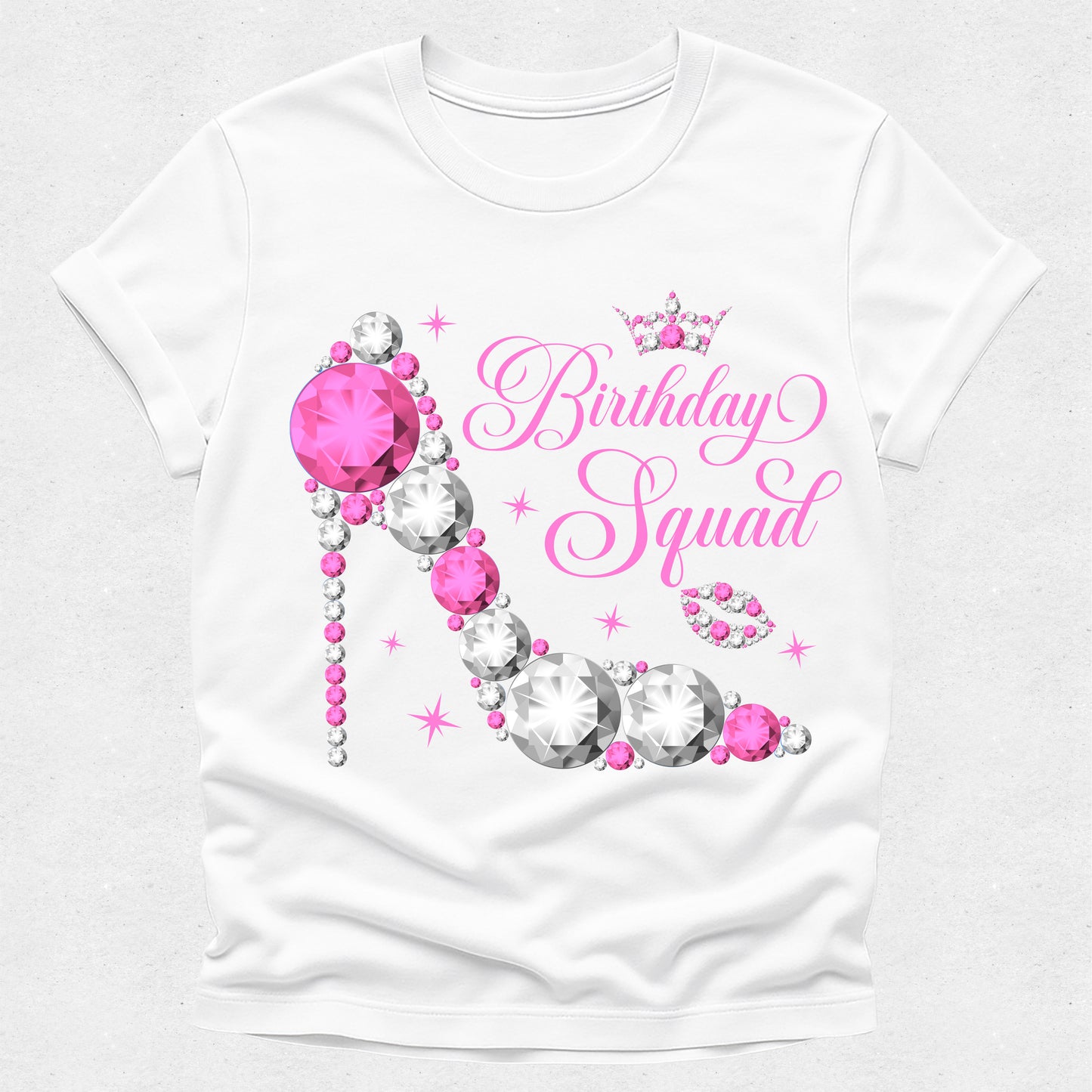 White t-shirt with pink and silver 'Birthday Squad' design on a white background