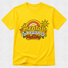 A bright yellow short-sleeve t-shirt with a colorful graphic on the chest that reads 'mental health matters' in a rainbow-themed design, displayed on a light gray textured background.