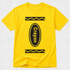 A bright yellow short-sleeve t-shirt with a black graphic of a crayon on the front, featuring the word 'Crayon' printed vertically inside the crayon shape.