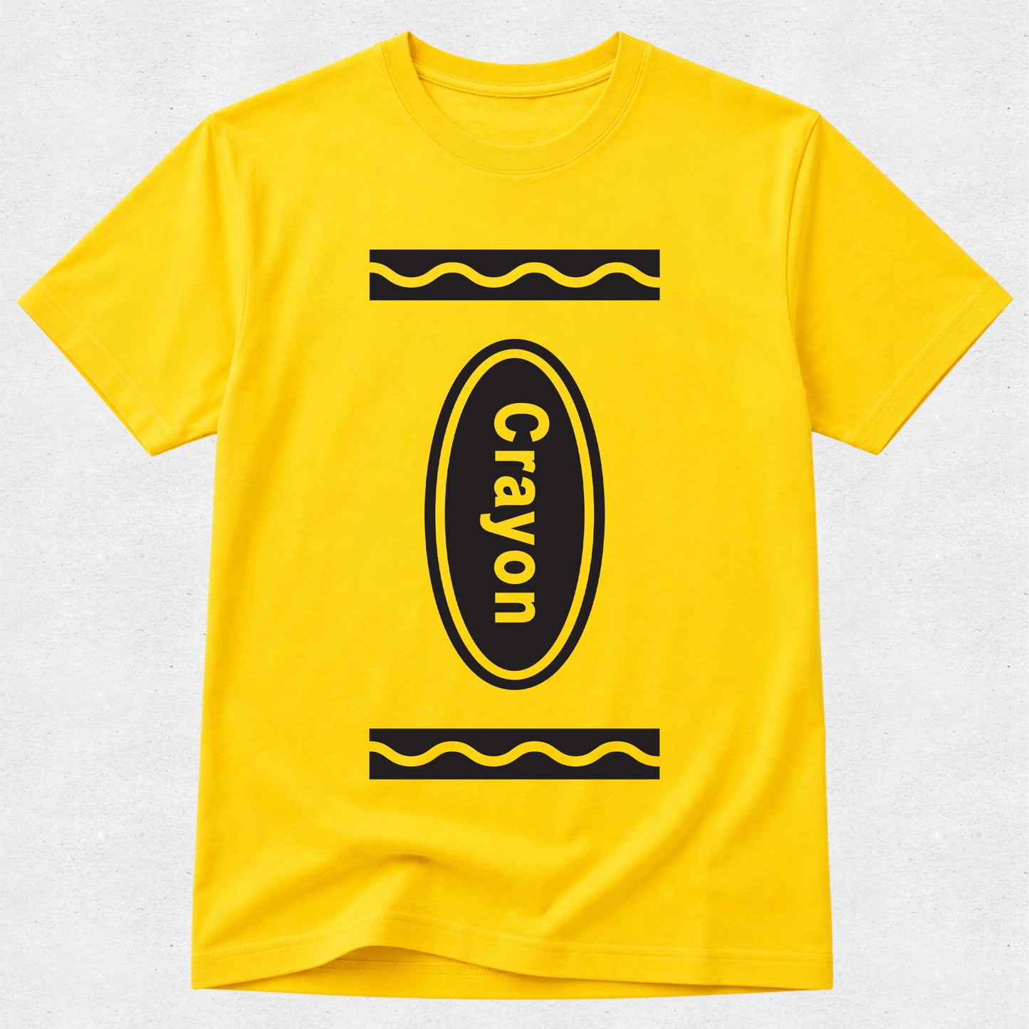 A bright yellow short-sleeve t-shirt with a black graphic of a crayon on the front, featuring the word 'Crayon' printed vertically inside the crayon shape.