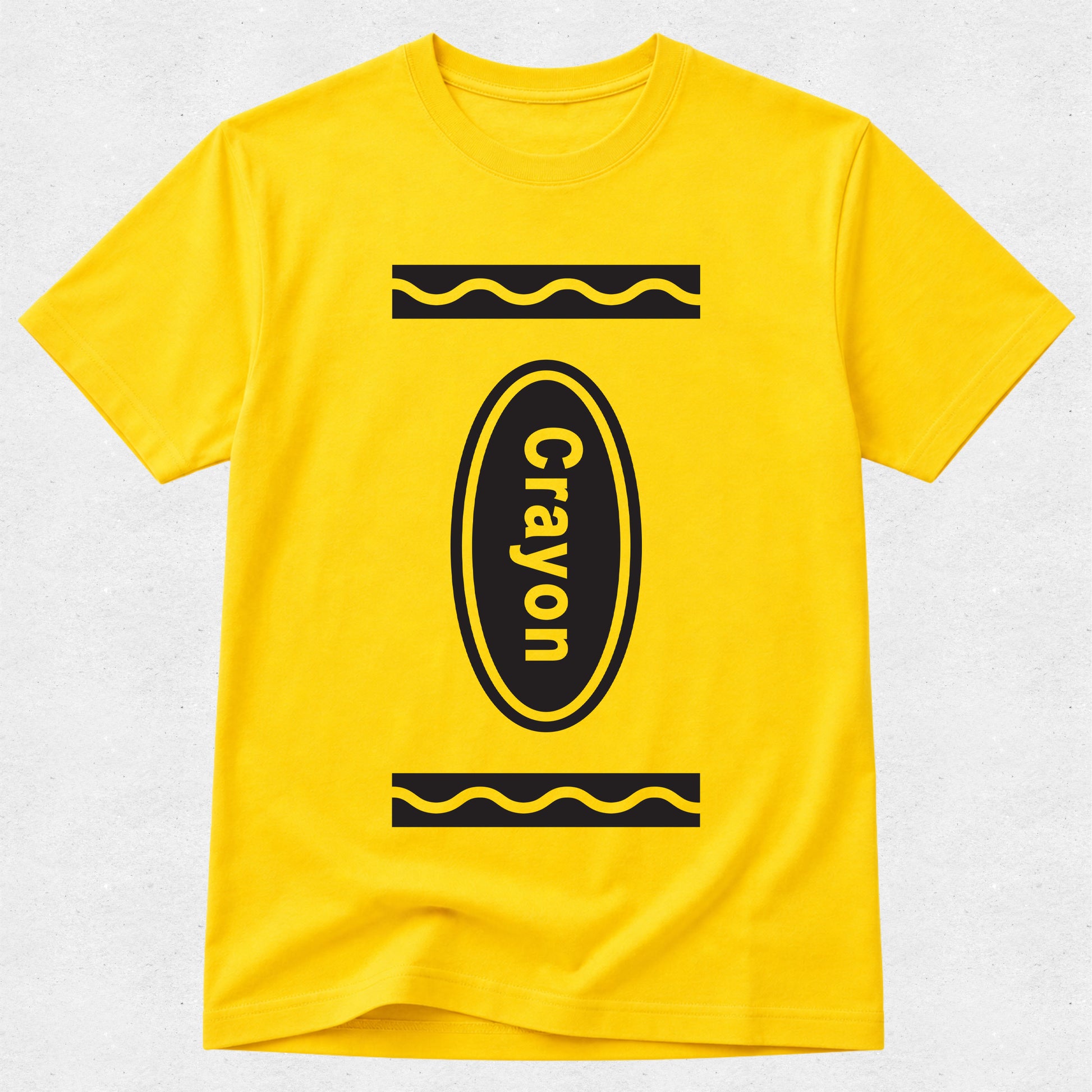 A bright yellow short-sleeve t-shirt with a black graphic of a crayon on the front, featuring the word 'Crayon' printed vertically inside the crayon shape.