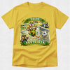 Yellow t-shirt with sports-themed design featuring cartoon characters and text on a white background