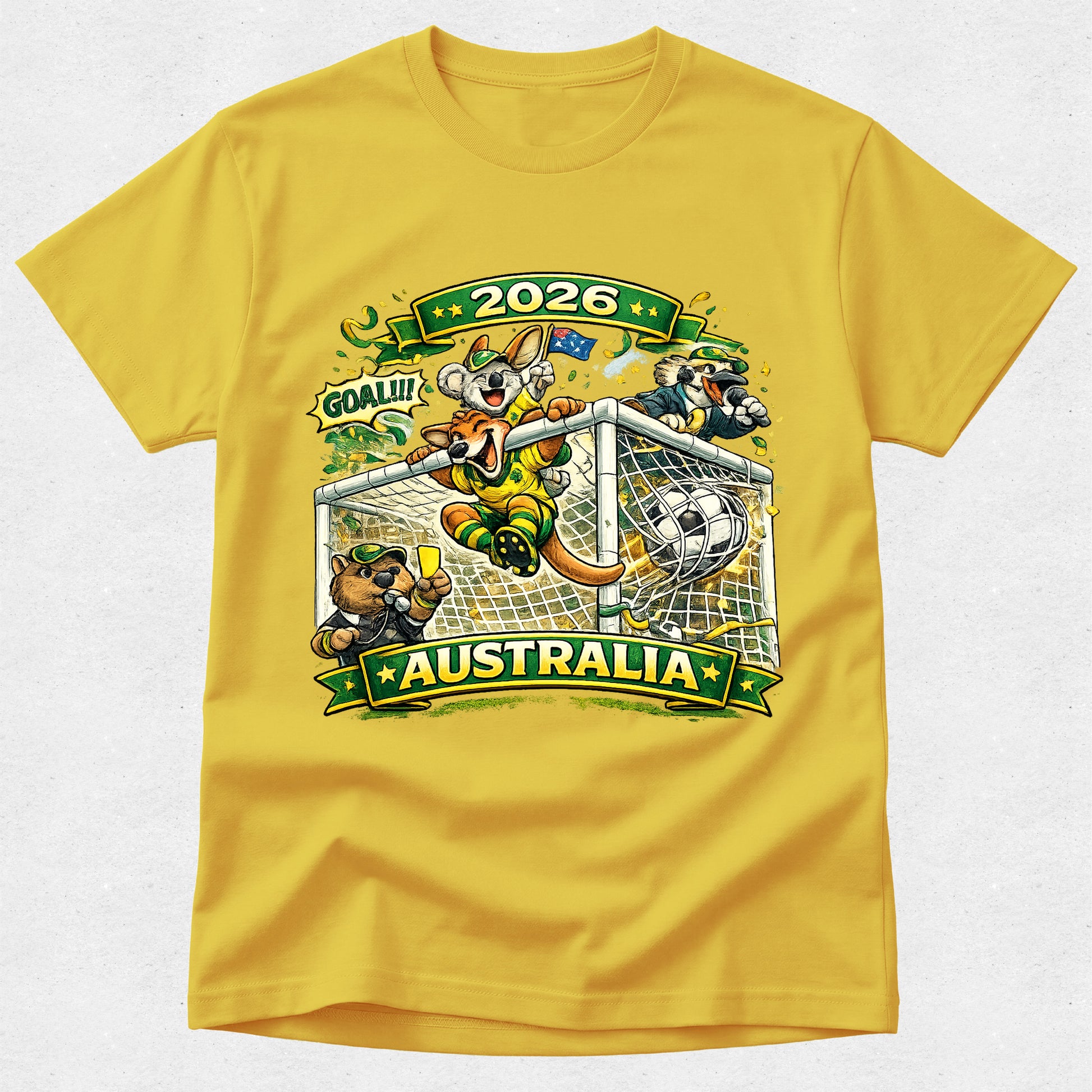 Yellow t-shirt with sports-themed design featuring cartoon characters and text on a white background