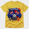 Yellow t-shirt with Australia-themed design featuring flags and number 26 on a white background