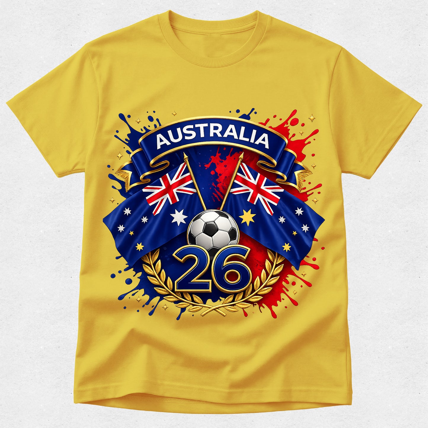 Yellow t-shirt with Australia-themed design featuring flags and number 26 on a white background