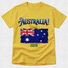 Yellow t-shirt with Australia-themed design featuring a flag and 'Australia! Roar 2026' text on a white background.