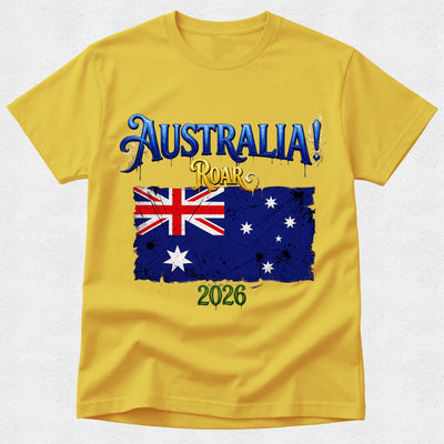 Yellow t-shirt with Australia-themed design featuring a flag and 'Australia! Roar 2026' text on a white background.