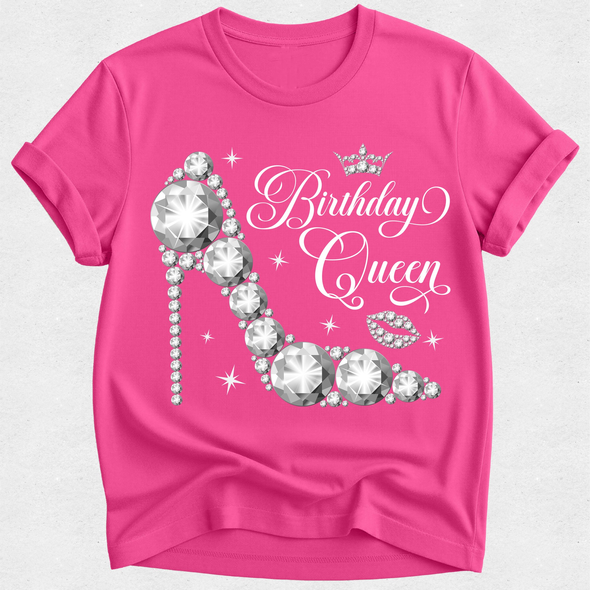 Pink t-shirt with 'Birthday Queen' design featuring a high-heeled shoe and crystals on a white background.
