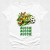 White t-shirt with a kangaroo kicking a soccer ball and 'Aussie Aussie Aussie' text on a white background