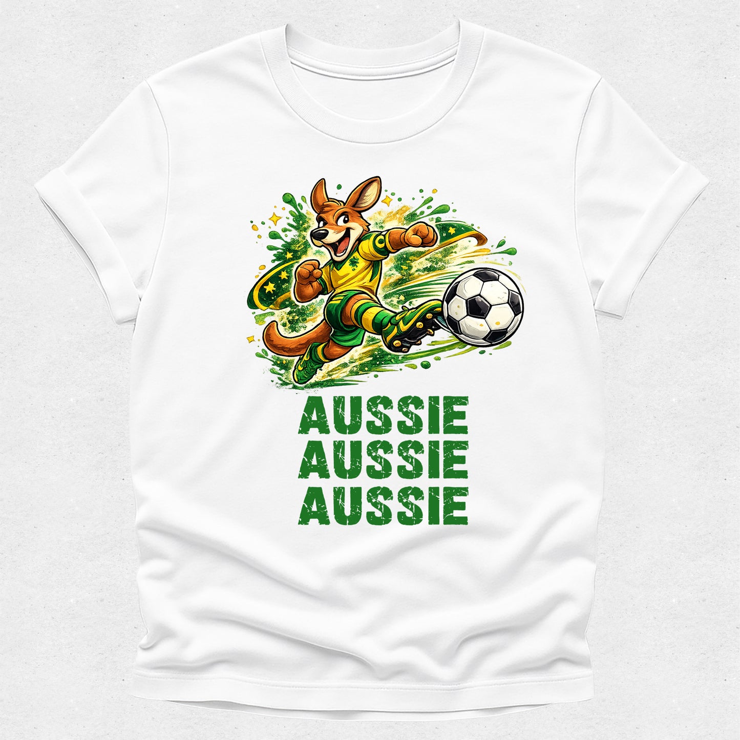 White t-shirt with a kangaroo kicking a soccer ball and 'Aussie Aussie Aussie' text on a white background