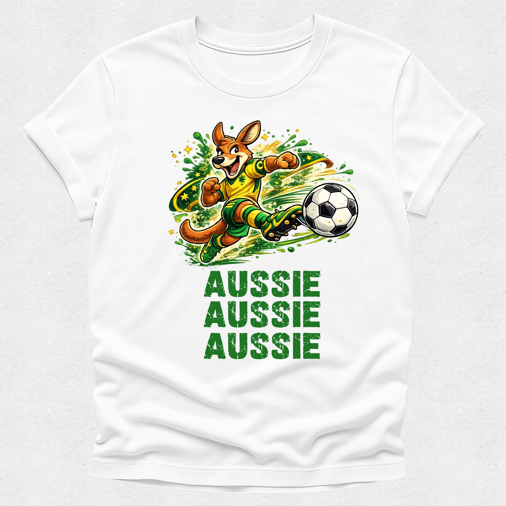 White t-shirt with a kangaroo kicking a soccer ball and 'Aussie Aussie Aussie' text on a white background