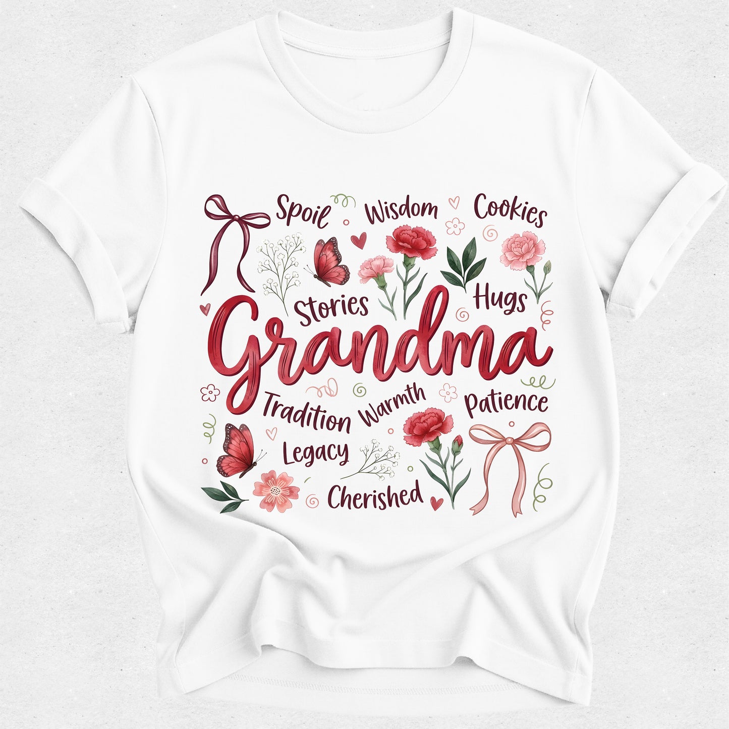 White t-shirt with 'Grandma' graphic design featuring text and floral elements on a white background