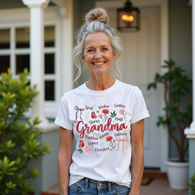 Woman wearing a grandma mothers day white t-shirt with floral and text design, standing outdoors.