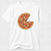 A white short-sleeve crewneck t-shirt featuring a graphic print of a pepperoni pizza with one slice missing, displayed on a light gray textured background.