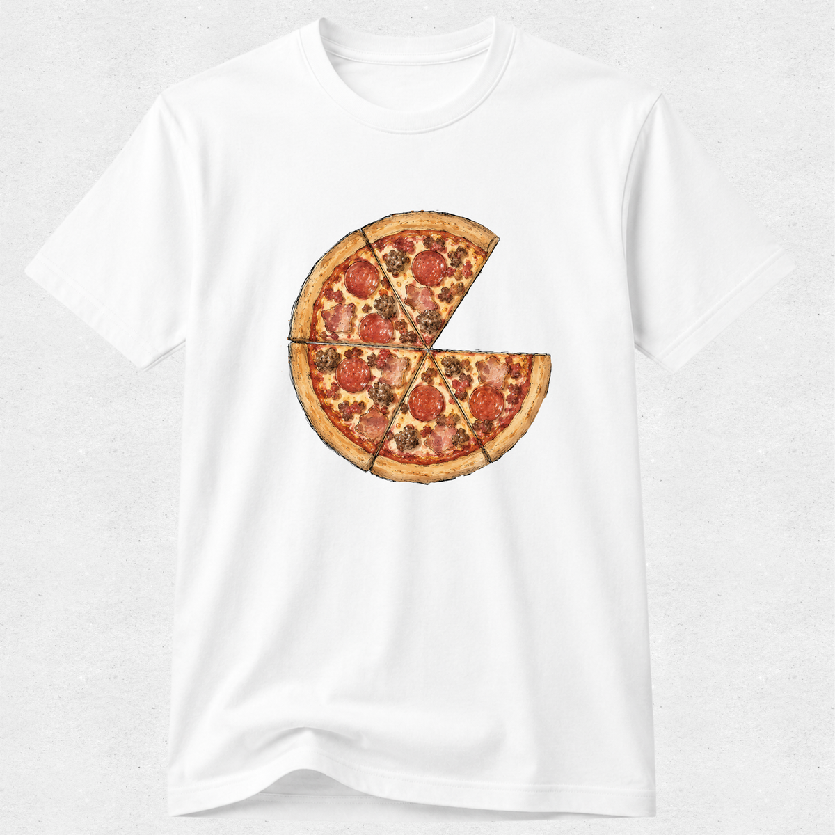 A white short-sleeve crewneck t-shirt featuring a graphic print of a pepperoni pizza with one slice missing, displayed on a light gray textured background.