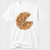 A white short-sleeve crewneck t-shirt featuring a graphic print of a pizza that is missing one slice, shown against a light gray textured background.