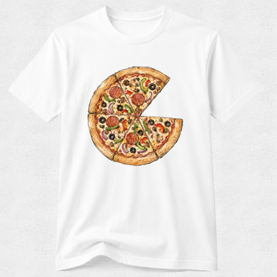 A white short-sleeve crewneck t-shirt featuring a graphic print of a pizza that is missing one slice, shown against a light gray textured background.