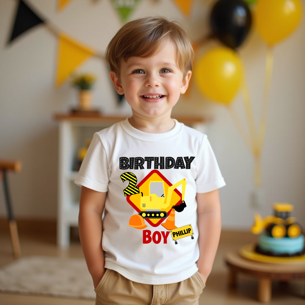 Toddler wearing a personalised construction excavator 2nd birthday t-shirt with custom name Phillip and yellow digger design