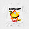 White t-shirt with a cartoon character and 'Birthday Girl Lacey' text on a white background